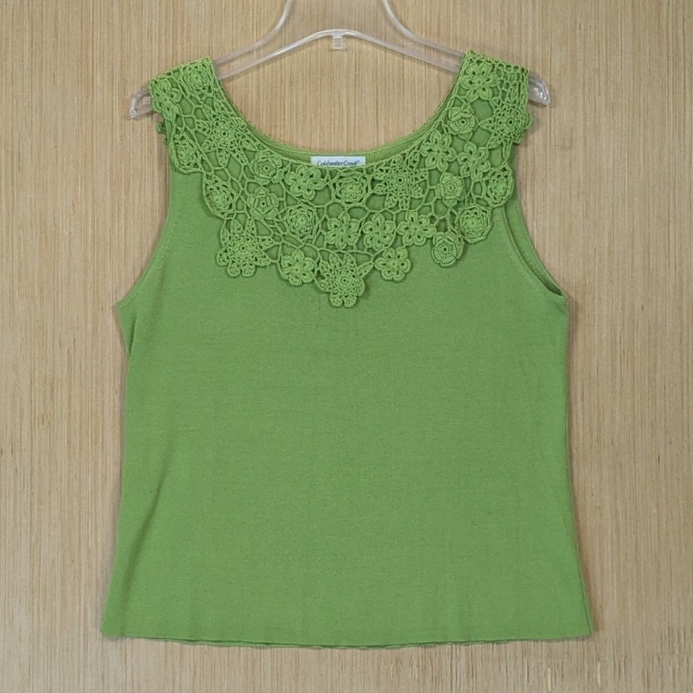 Coldwater Creek Knit Top Women's Large Green Floral Crochet Silk Blend Retro 70s